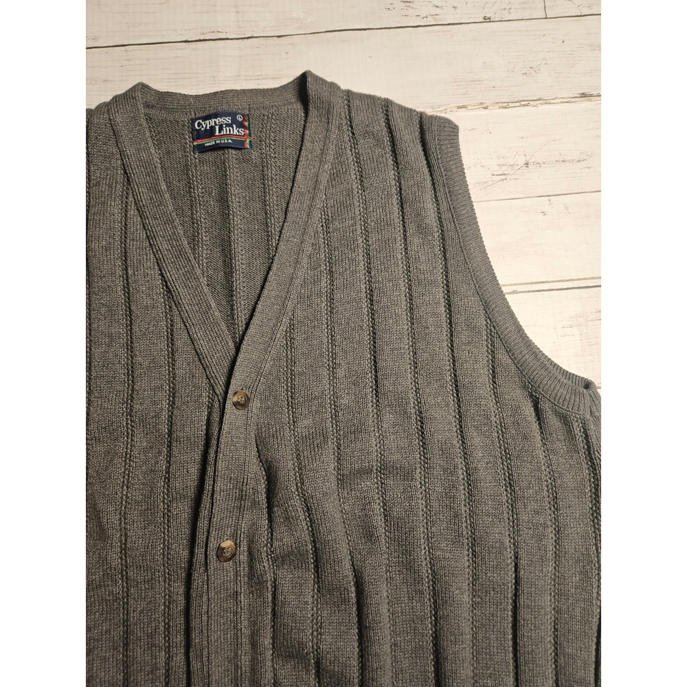 Cypress Links Gray Ribbed Sweater Vest Mens L Cotton USA Button Front Golf